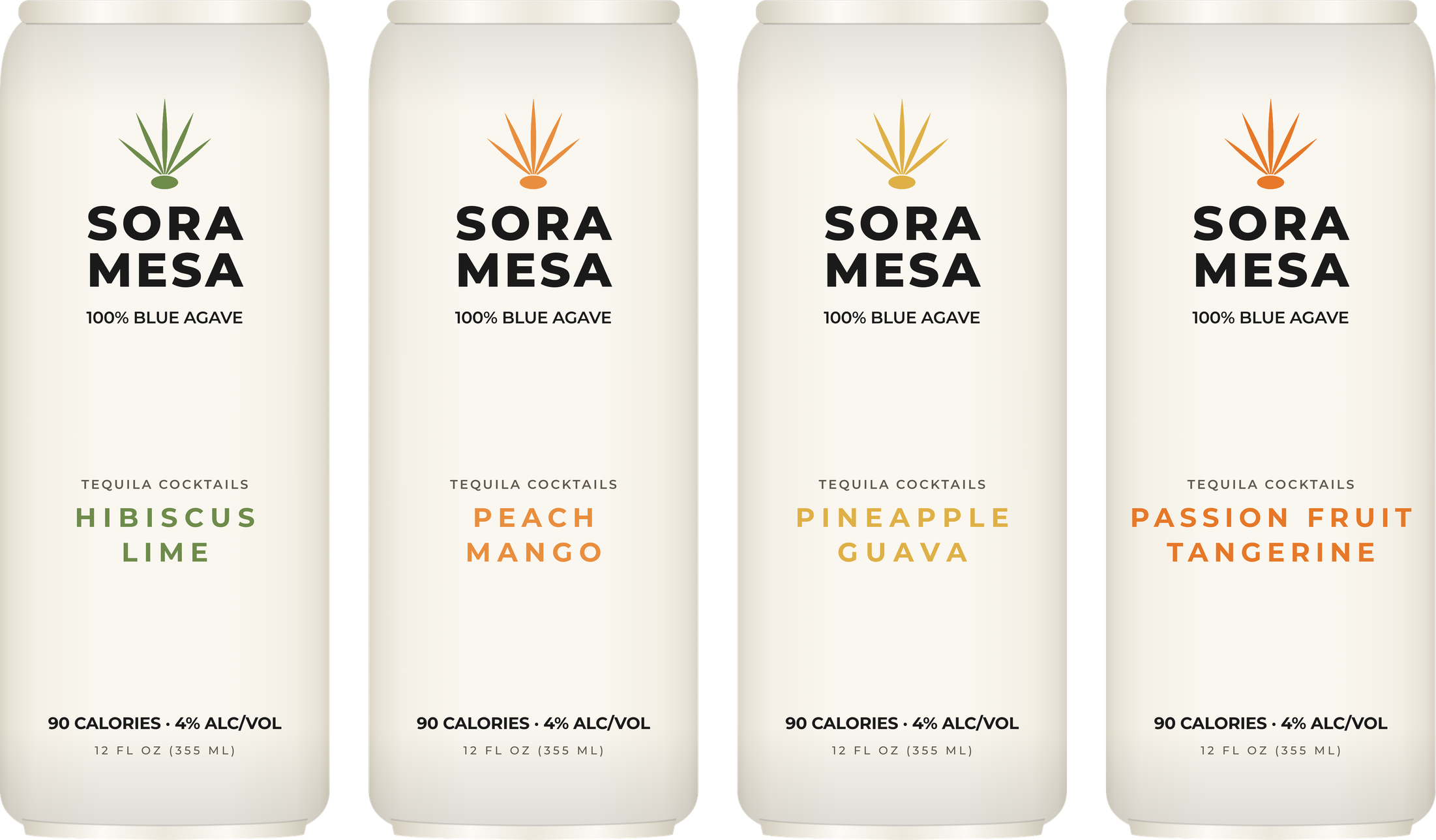 Sora Mesa four-flavor lineup: Hibiscus Lime, Peach Mango, Pineapple Guava, Passion Fruit Tangerine
